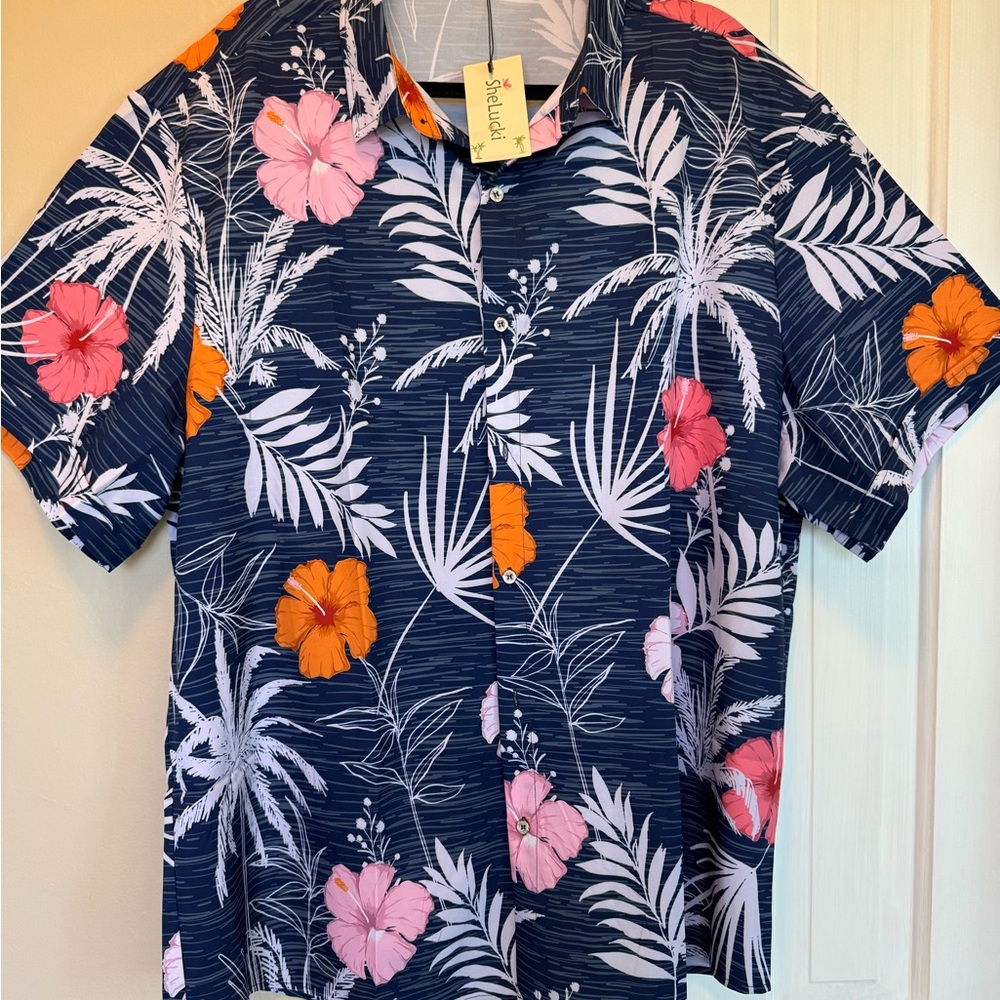 SheLucki Navy Floral Hawaiian Shirt NWT Size XXL